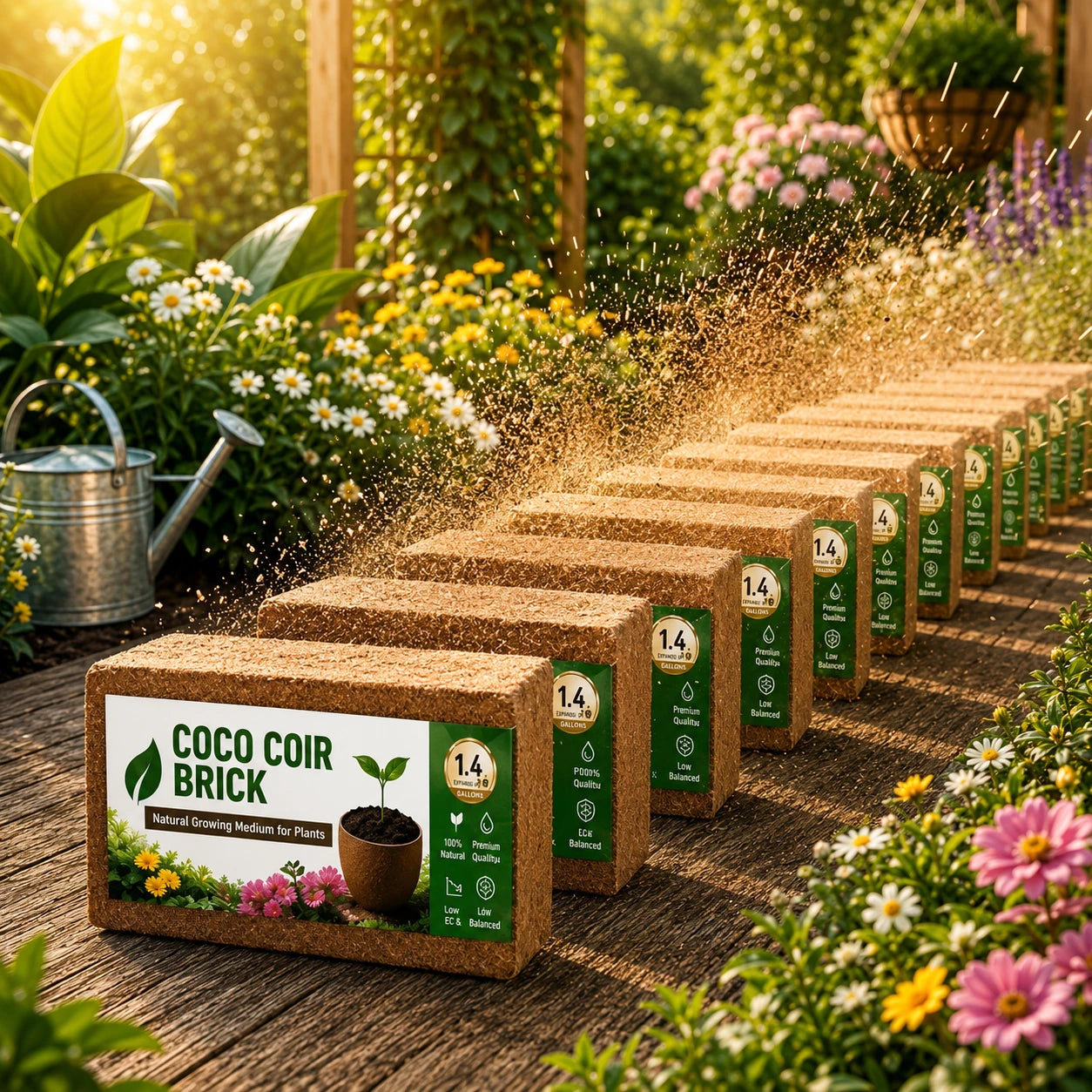 COIRIVA coco coir bricks displayed in a bright flower garden