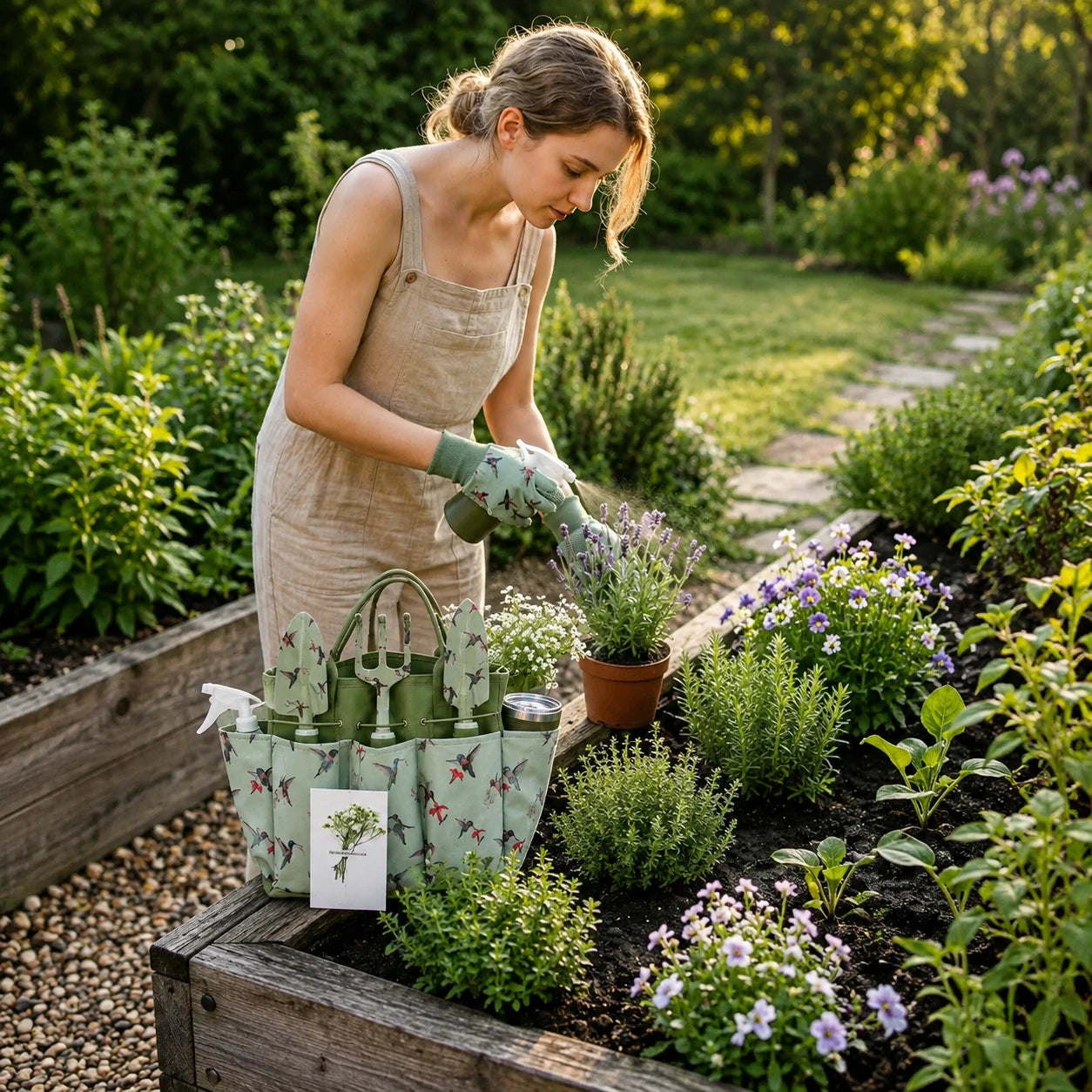 A home gardener preparing a raised garden bed