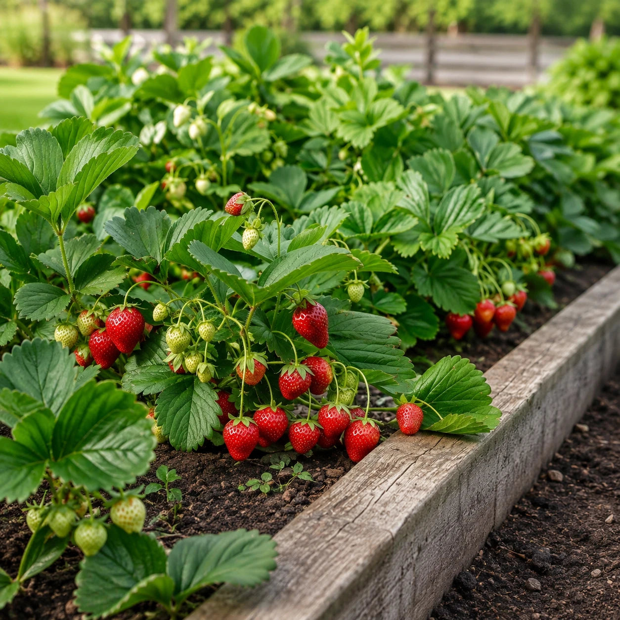 Strawberries growing in a productive raised garden bed
