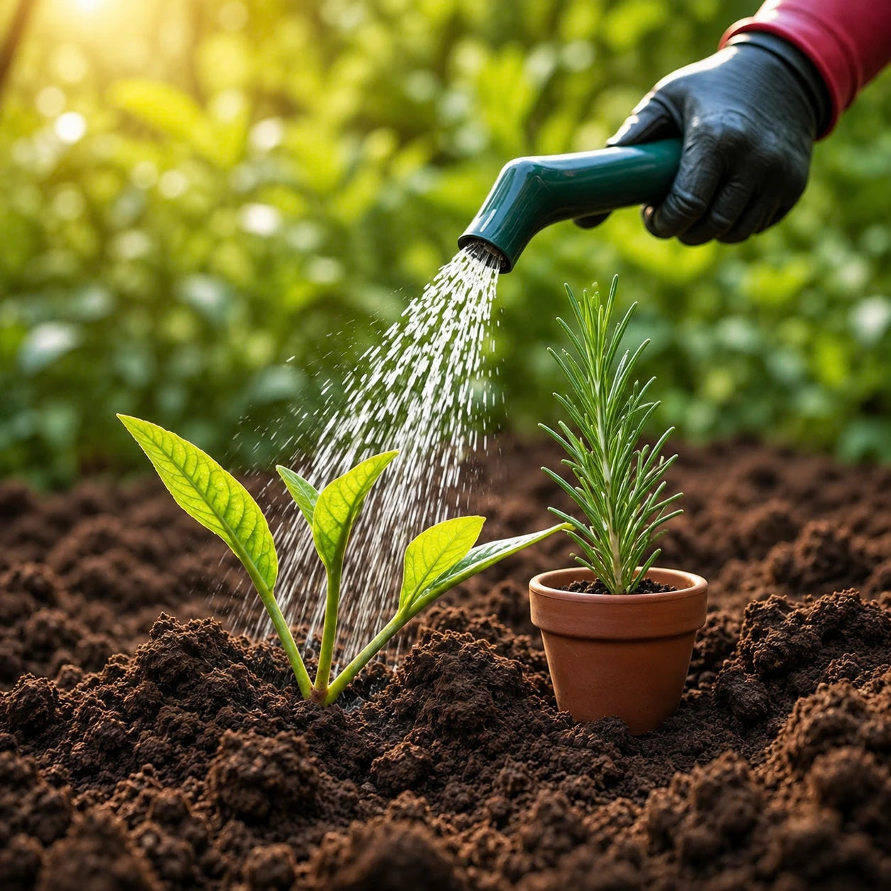 Water being added to plants in a prepared growing mix