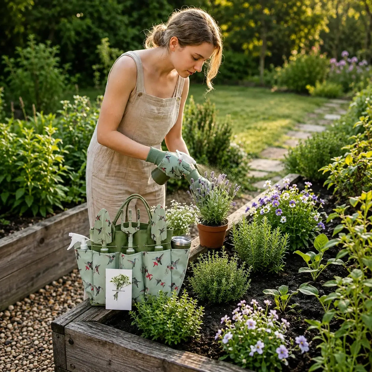 A home gardener preparing a raised garden bed